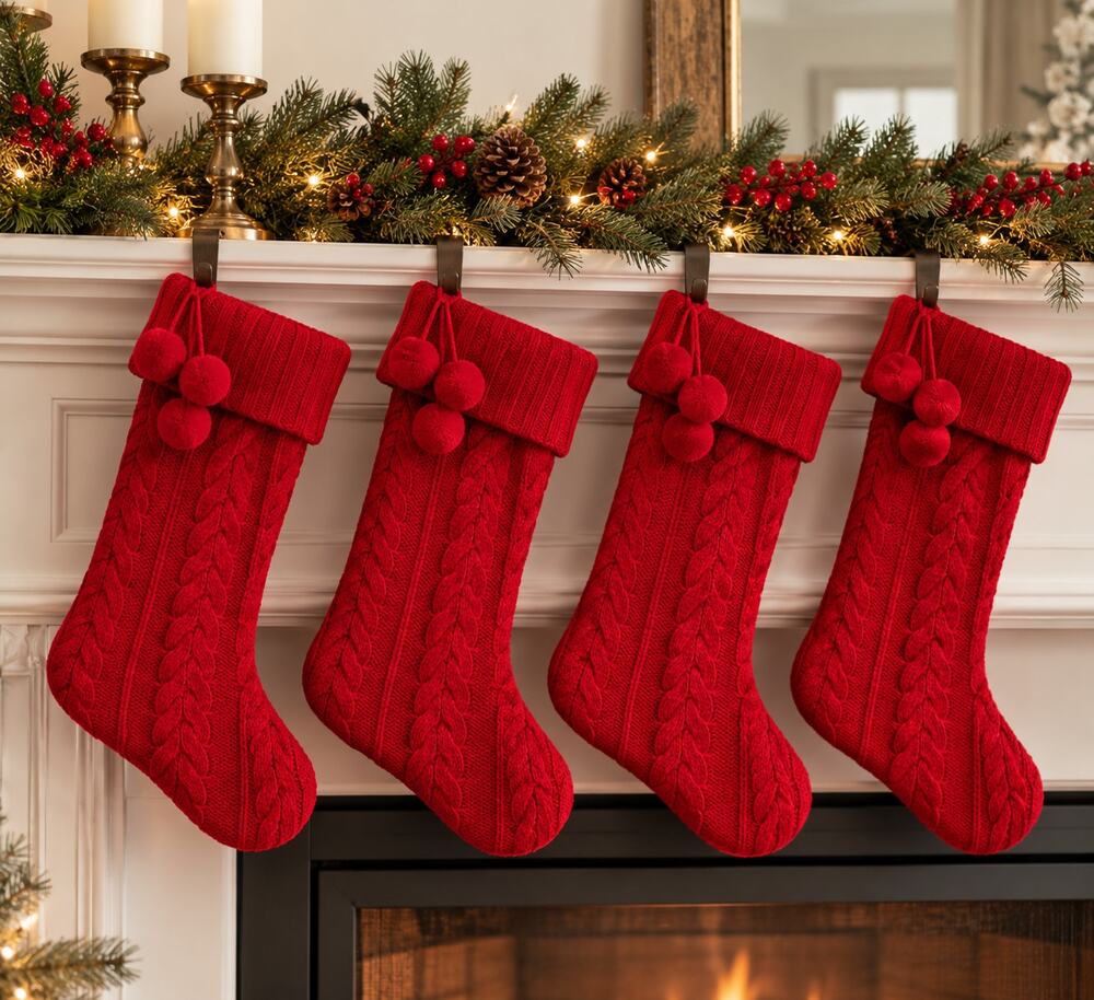 Christmas Stockings Red Cable Knit Pom Pom Satin Lined Holiday Decor Set 4 20"